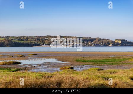 Blick über Salzwiesen zum Dorf in der Red Wharf Bay vom Pentraeth Beach. Isle of Anglesey, Wales, Großbritannien Stockfoto