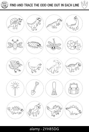 Finden Sie den seltsamen heraus. Dinosaurier schwarz-weiß logische Aktivität für Kinder. Quiz-Arbeitsblatt für prähistorische Bildungslinien für Aufmerksamkeitsfähigkeiten. Dino-Druck Stock Vektor