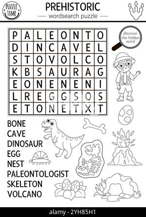 Vektor-schwarz-weiß Dinosaurier Wortsuche Puzzle für Kinder. Quiz zur Wortsuche in der Dino-Zeile. Pädagogische Aktivität mit Paläontologen, Skelett, Vulkan, e Stock Vektor