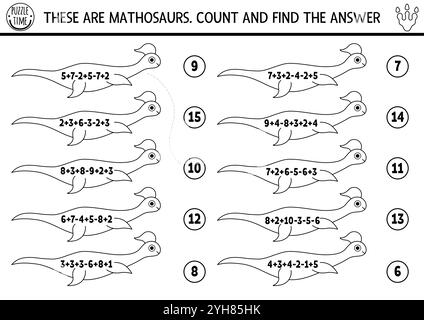 Schwarz-weiß-Zählung und passendes Spiel mit niedlichen langen Plesiosauriern. Dinosaurierlinie mathematische Addition und Subtraktion für Kinder. Prähistorischer Dino Stock Vektor