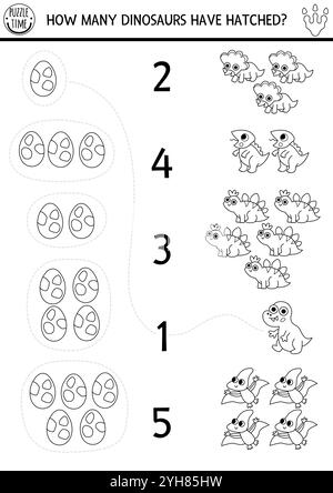 Schwarz-weiß-Spiel mit Dino, Eiern. Prähistorische Linienmathematik-Aktivität für Kinder. Arbeitsblatt zur Zählung im Bildungsbereich, Colorin Stock Vektor