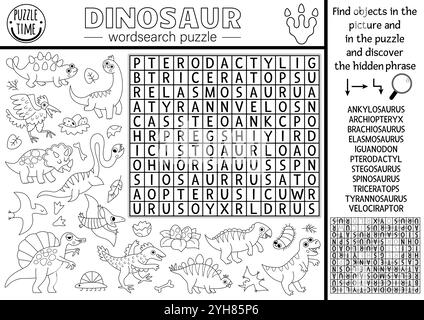 Vektor-Schwarzweiß-Wortsuche-Puzzle für Kinder mit Dinosauriernamen. Quiz zur Wortsuche mit Dinos. Aktivität im Bildungsbereich mit T-rex, triceratops, Stock Vektor