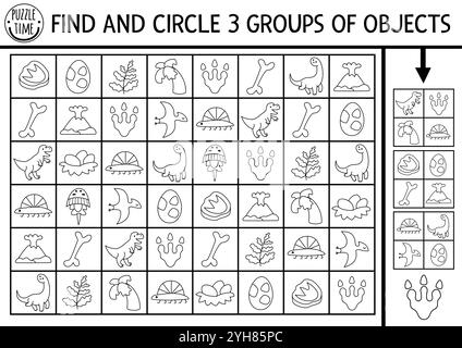 Dinosaurier in Schwarz und weiß suchen und finden Spiel mit traditionellen Symbolen. Aufmerksamkeit Skills Line Puzzle mit T-rex, Nest, Knochen. Prähistorisch druckbares aktiv Stock Vektor