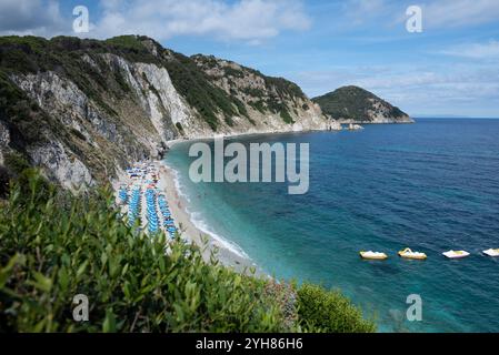 Sansone Strand auf der Insel Elba im Sommer, mit Liegestühlen und Sonnenschirm mit Badenden am Meer und gelben Paddelbrettern Stockfoto