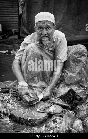 Älterer Mann, der Fische putzt, Ahmedabad, Gujarat, Indien Stockfoto