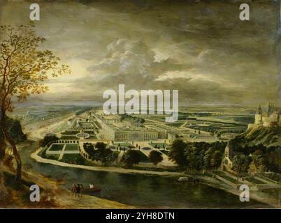 Blick auf den Hampton Court Palace. Jan Griffier. 1710. Öl auf Kupfer. Stockfoto