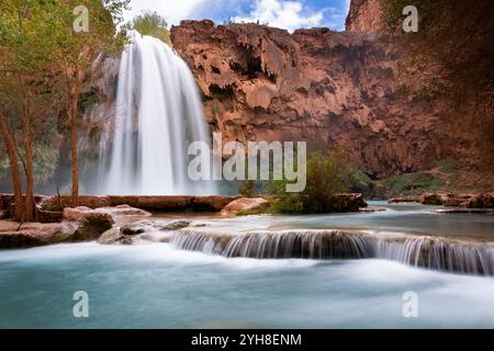 Pools, die sich in weitere Pools entlang des Havasu Creek unterhalb der Havasu Falls im Grand Canyon stürzen. Havasupai Reservation, Arizona Stockfoto