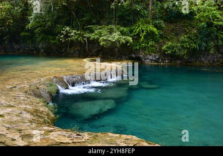 Landschaft eines idillyschen Wasserfalls mit türkisfarbenen natürlichen Schwimmbädern in Semuc Champey, einem Naturdenkmal in einem dicht bewaldeten Gebirge o Stockfoto