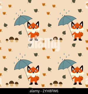 Nahtloses Muster mit süßen Füchsen, Herbstblättern, Regenschirm, Pilzen. Babytextur für Stoff, Kinderzimmer Dekoration, Textilien, Bekleidung. Vektor Stock Vektor