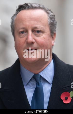 London, Großbritannien. November 2024. Der ehemalige Premierminister David Cameron, Baron Cameron von Chipping Norton, kommt in der Downing Street an, um an einem Gedenkgottesdienst in Whitehall teilzunehmen, der an den Beitrag der britischen und Commonwealth-Militär- und Zivilsoldaten und Frauen in den beiden Weltkriegen und späteren Konflikten erinnert. Quelle: Justin Ng/Alamy Live News. Stockfoto