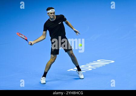 Turin, Italien - 10. November: Taylor Fritz aus den USA im Kampf gegen Daniil Medwedev während des Nitto ATP Finals-Matches der Männer-Single am ersten Tag des Nitto ATP Finals in der Inalpi Arena in Turin, Italien. Quelle: Best Images/Alamy Live News Stockfoto