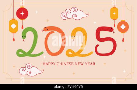 2025 Jahre der Schlange. Lunar Silvester Banner. Chinesische traditionelle Laternen und Wolken. Asiatisch-orientalische traditionelle Grußkarte. Stock Vektor
