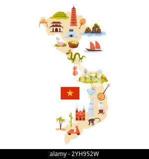 Vietnamesische Kulturelemente und Landesflagge, berühmte Wahrzeichen und Speisen auf der vietnamesischen Infografik-Karte. Goldene Brücke und Tempel, Boot- und Meereslandschaft, nationale Symbole Zeichentrickvektor Illustration Stock Vektor