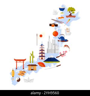 Reisen Sie nach Japan Set, kulturelle Elemente und Sehenswürdigkeiten, Speisen in Infografik-Karte. Itsukushima-Schrein und Mount Fuji, Tokio Wolkenkratzer und traditionelle japanische Häuser, Origami-Comic-Vektor-Illustration Stock Vektor