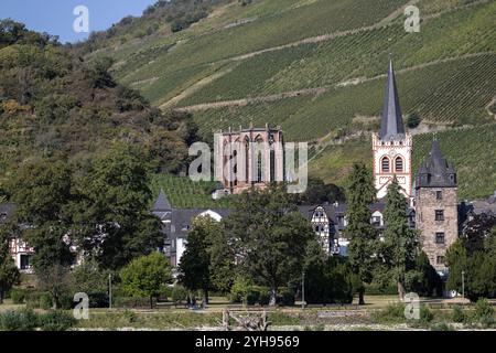 Bacharacher Dorf und Kirche an der Rheinschlucht in Deutschland Stockfoto