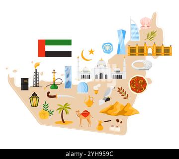 Reisekarte der VAE mit Kultur- und Naturelementen, Tieren und Lebensmitteln, Erbe und modernen Wahrzeichen. Burj Al Arab Hotel und Scheich Zayed große Moschee, Ölfässer und Kamel Comic Vektor Illustration Stock Vektor