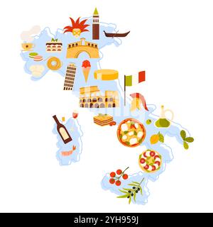 Reisen Sie nach Italien, Infografik-Poster-Karte mit kulturellen Elementen und Sehenswürdigkeiten. Olivenzweig und Kirschtomaten, Wein und Pizza, Rom Kolosseum und Pisa Turm auf Landkarte Cartoon Vektor Illustration Stock Vektor