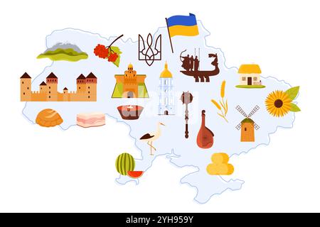 Reisen Sie in die Ukraine Infografik-Poster mit kulturellen Elementen, Speisen und berühmten Sehenswürdigkeiten auf der Landkarte. Karpatengebirge und Festung, Wassermelone und Sonnenblume, Borsch Cartoon Vektor Illustration Stock Vektor