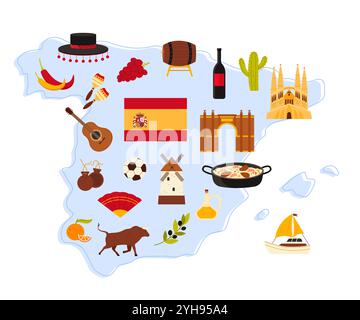 Spanische Kulturelemente und Landesflagge, berühmte Wahrzeichen und Speisen auf der Infografik-Karte Spaniens. Corrida und Flamenco Tanz Symbole, Paella und Olivenöl, Urlaub Boot Cartoon Vektor Illustration Stock Vektor