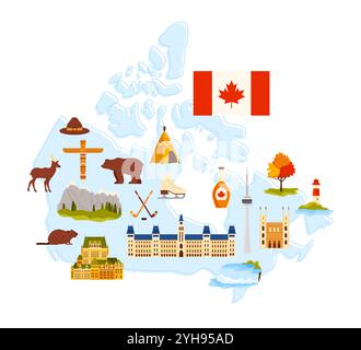 Willkommen in Kanada, Bannerdesign mit Kulturelementen, Landschaft, Tier und Wahrzeichen auf der Landkarte. Parlamentsgebäude und Leuchtturm, Karikaturvektorillustration der Niagarafälle Stock Vektor