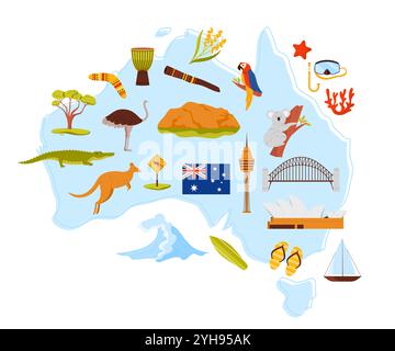 Reisen Sie nach Australien, architektonische Wahrzeichen und Tierwelt, Elemente der ethnischen Kultur auf der Infografik der Landkarte. Sydney Opernhaus, Berglandschaft, Papagei und Känguru Cartoon Vektor Illustration Stock Vektor