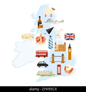 Willkommen im Infobanner Großbritannien und London. Plakatdesign mit Kulturelementen, Stadtzeichen und Architektur, britischem Essen und Schafen auf Inseln Karte Cartoon Vektor Illustration Stock Vektor