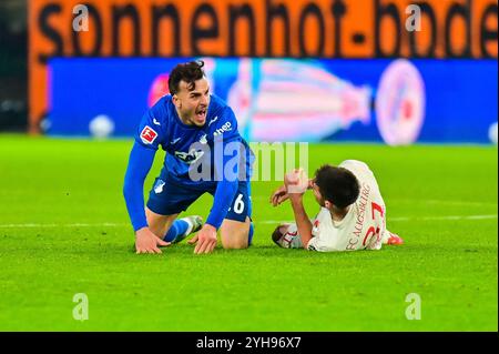 Deutschland, Bayern, Augsburg, Fussball, FC Augsburg - TSG Hoffenheim, in der WWK Arena, Augsburg, 10. Spieltag, 10.11.24, v.l. Haris Tabakovic (TSG Hoffenheim, 26), Keven Schlotterbeck (FC Augsburg, 31), Fordert Freistoss DFL/DFB-Vorschriften verbieten jede Verwendung von Fotografien als Bildsequenzen und/oder Quasi-Video, Stockfoto