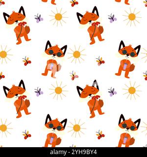 Nahtloses Muster mit niedlichen Füchsen, Sommer, Sonne, Schmetterling auf weißem Hintergrund. Babytextur für Stoff, Kinderzimmer Dekoration, Textilien, Bekleidung. Vektor Stock Vektor