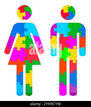 Mann und Frau Silhouetten aus farbigen Puzzles. 3D-Rendering isoliert auf weißem Hintergrund Stockfoto