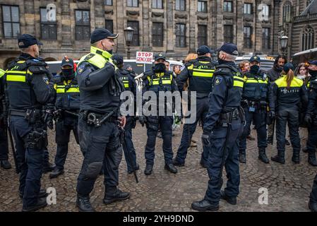 Amsterdam, Nordholland, Niederlande. November 2024. Eine wachsende Gruppe von Demonstranten wird von der niederländischen Polizei von einer größeren Gruppe von Demonstranten getrennt. Am 10. November 2024 hielten Demonstranten in den Niederlanden einen unerlaubten Protest auf dem Dam-Platz in Amsterdam ab. Dies geschah als Reaktion auf die Bezeichnung eines Protests vom 7. November, der gewalttätig als antisemitisch wurde, und das anschließende vorübergehende Verbot von Protesten in Amsterdam. (Kreditbild: © James Petermeier/ZUMA Press Wire) NUR REDAKTIONELLE VERWENDUNG! Nicht für kommerzielle ZWECKE! Quelle: ZUMA Press, Inc./Alamy Live News Stockfoto