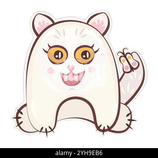 Niedlicher grooviger Monsteraufkleber, weiße Katze, die mit einem Schmetterling spielt, Vektorfigur, Hippie und trippischer Avatar, trendige funky Illustration Stock Vektor