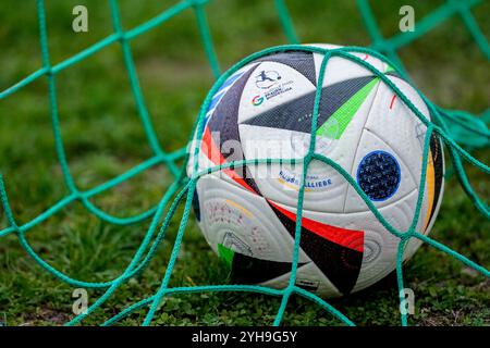 St. Leon Rot, Deutschland. November 2024. Ein Ball der Marke adidas Fussballliebe Pro, Competition Ball liegt im Tor, Tornetz, Offizieller Spielball, offizieller Match Ball, Symbolfoto, Symbolbild, Symbol, Einzelbild, Einzelfoto, Sponsor, Ballsponsor, 10.11.2024, St. Leon-Rot (Deutschland), Fussball, Frauen, REGIONALLIGA SÜD, TSG 1899 HOFFENHEIM U20 - TSV SCHWABEN AUGSBURG, DFB/DFL-VORSCHRIFTEN VERBIETEN DIE VERWENDUNG VON FOTOGRAFIEN ALS BILDSEQUENZEN UND/ODER QUASI-VIDEO. Quelle: dpa/Alamy Live News Stockfoto
