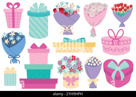 Blumensträuße und Geschenkboxen Stock Vektor