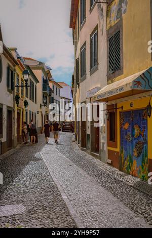 Charmante Kopfsteinpflasterstraße mit lebhaften Gebäuden und farbenfrohen Fliesenkunst im Herzen von Madeiras malerischem Stadtzentrum. Stockfoto