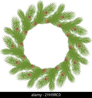 Minimalistischer Weihnachtskranz aus realistischen grünen Tannenzweigen, die eine klassische kreisförmige Form auf weißem Hintergrund bilden. Ideal für Stock Vektor
