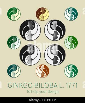 Satz von Vektorillustrationen von Ginkgo biloba-Blättern mit heiliger Geometrie-Methode im Yin Yang-Stil. Hilfe für den Konstrukteur. Stock Vektor