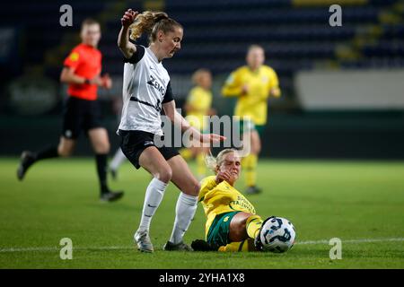 SITTARD, NIEDERLANDE - 10. NOVEMBER: Ilvy Zijp von AZ Alkmaar kämpft um den Ball mit Amber van Heeswijk von Fortuna Sittard während des Azerion Vrouwen Eredivisie Spiels zwischen Fortuna Sittard und AZ Alkmaar im Fortuna Sittard Stadion am 10. November 2024 in Sittard, Niederlande. (Foto von Orange Pictures/Orange Pictures) Credit: Orange Pics BV/Alamy Live News Stockfoto