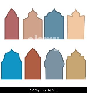 arabische Rastertüren. Islamische Türen und Bögen im orientalischen Stil mit modernem Design, Mond, Moschee-Kuppel und Laternen. Stockfoto