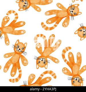 Hand gezeichnetes nahtloses Muster mit roten orange Ingwerkatzen in Aquarell auf weißem Hintergrund. Lustiges Kätzchen Tier Haustier für Kinder Kinder Kinderzimmer Design, niedliche entzückende Zeichentrickstil für Aprarel Tapete Geschenkpapier Stockfoto
