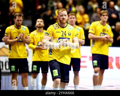 LINKÖPING, SCHWEDEN 20241110Schwedens Jim Gottfridsson nach dem Handballspiel am Sonntag im EHF Euro Cup zwischen Schweden und Dänemark in der Saab Arena in Linkoping, Schweden, 10. November 2024. Foto: Stefan Jerrevång/TT/Code 60160 Credit: TT News Agency/Alamy Live News Stockfoto