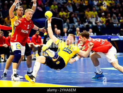 LINKÖPING, SCHWEDEN 20241110Schwedens Jim Gottfridsson und Dänemarks Lukas Jorgensen während des Handballspiels am Sonntag im EHF Euro Cup zwischen Schweden und Dänemark in der Saab Arena. Foto: Stefan Jerrevång/TT/Code 60160 Credit: TT News Agency/Alamy Live News Stockfoto