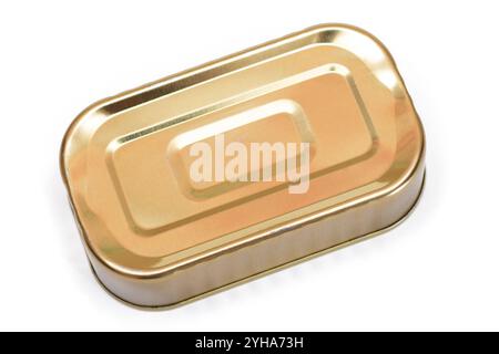 Ungeöffnete rechteckige Dose isoliert auf weißem Hintergrund. Konserven. Aluminiumdose zur sicheren und langfristigen Lagerung von Lebensmitteln. Versiegelter Lebensmittelbehälter Aus Stahl – Isolierung Stockfoto