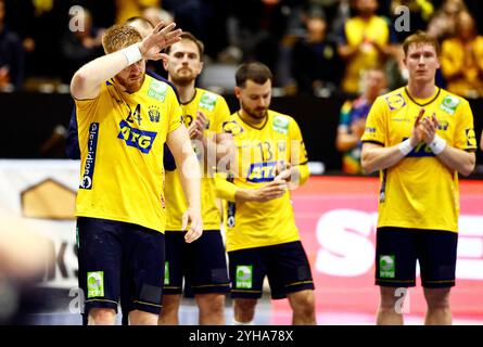 LINKÖPING, SCHWEDEN 20241110Schwedens Jim Gottfridsson nach dem Handballspiel am Sonntag im EHF Euro Cup zwischen Schweden und Dänemark in der Saab Arena in Linkoping, Schweden, 10. November 2024. Foto: Stefan Jerrevång/TT/Code 60160 Credit: TT News Agency/Alamy Live News Stockfoto