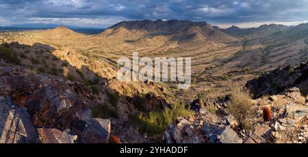 Die Phoenix Mountains, die bei Sonnenuntergang unter stürmischem Wetter aufsteigen. Phoenix Mountains Preserve, Arizona Stockfoto