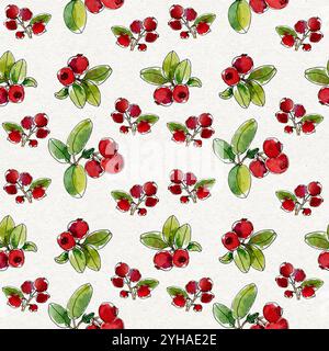 Schöner botanischer nahtloser Herbst-Hintergrund mit Preiselbeeren, roten Beeren. Nordische Beeren. Textur von Hand zeichnen. Für Textildruck und Geschenkpapier Stockfoto