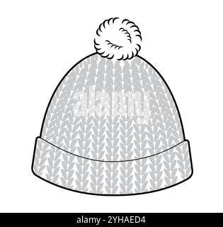 Häkelmütze mit Pompon. Gestrickter Winterkopf Mode Accessoire Cap Kleidung technische Illustration. Vektor-Kopfbedeckung für Männer, Frauen Unisex-Stil, flache Vorlage CAD-Modell Skizze Umriss isoliert Stock Vektor