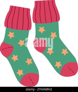 Vektor Illustration warme Socken mit Sternen. Handgezeichnet flache Stil isolierte farbige Socken isolierte Wolle Winterkleidung. Stock Vektor