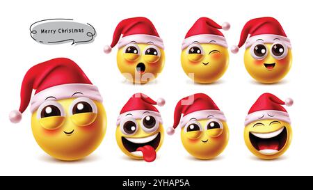 Frohe weihnachten weihnachtsmann Emoji Vektor-Zeichen Set. Süße weihnachtsmann Emojis in Überraschung, zwinkernd, fröhlich, lustig und lachend Gesichtsausdrücke Stock Vektor