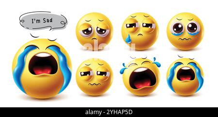 Sad 3D-Emoji-Vektor-Zeichensatz. Emojis mit unglücklichen, traurigen, schluchternden, enttäuschten, weinenden und traurigen Gesichtsausdrücken gelbe Emoticon-Charaktere Stock Vektor