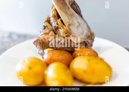 Geröstete Lammkeule Makrokochfleisch, braunes Fleisch, das mit Kartoffeln auf weißem Teller gekühlt wird Stockfoto